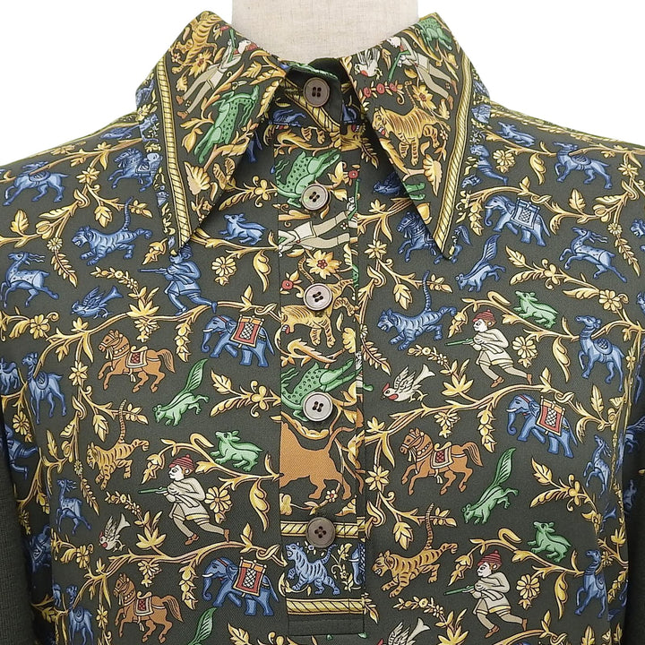 HERMES 長袖ポロシャツ CHASSEEN INDE マルチシルク レディース M