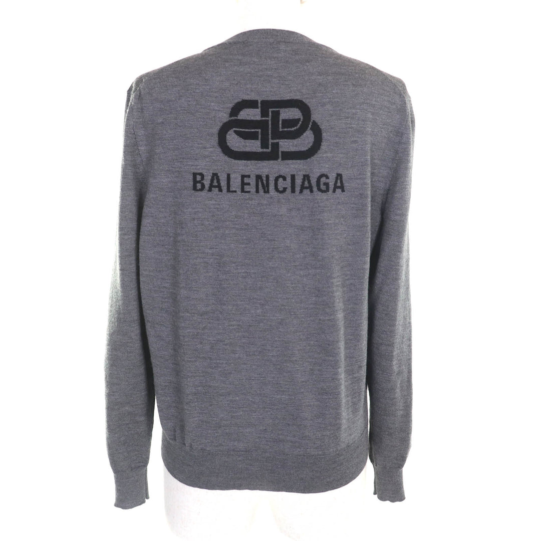 素晴らしい BALENCIAGA ニット バックロゴ クルーネック 長袖 グレー ウール レディース XS