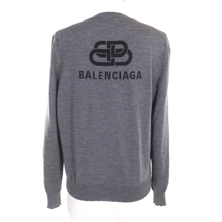 素晴らしい BALENCIAGA ニット バックロゴ クルーネック 長袖 グレー ウール レディース XS