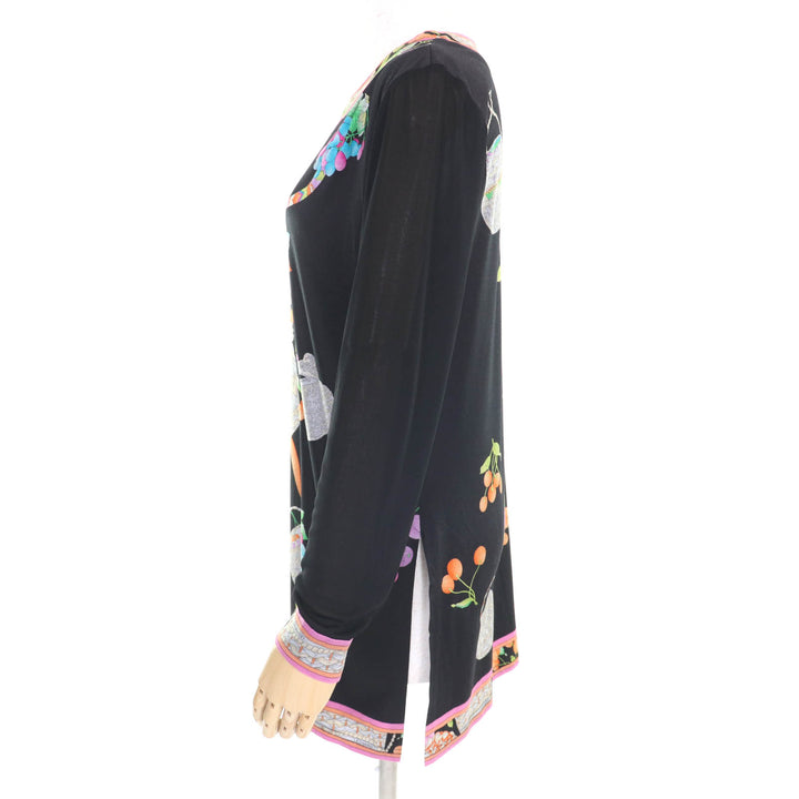 素晴らしいLEONARD FASHIONチュニック花柄シースルースリーブドレスブラックコットンレディースL