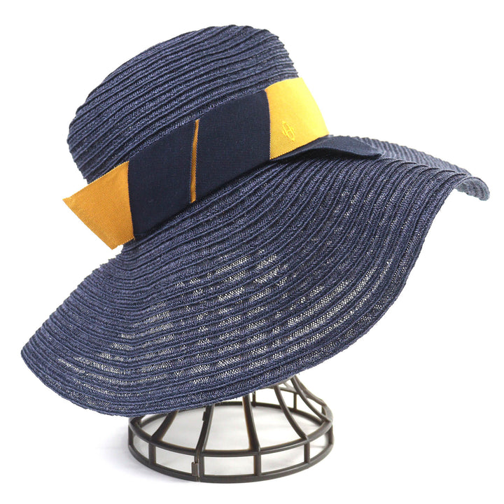 Excellent HERMES hat H logo embroidered ribbon straw hat Navy Yellow Hemp Women