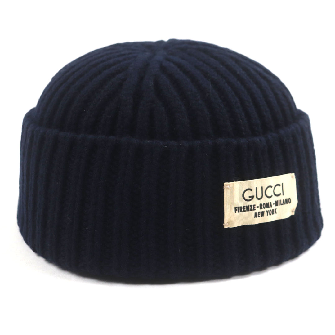 Great GUCCI Knit cap Hat with logo patch Navy wool mens M 759059