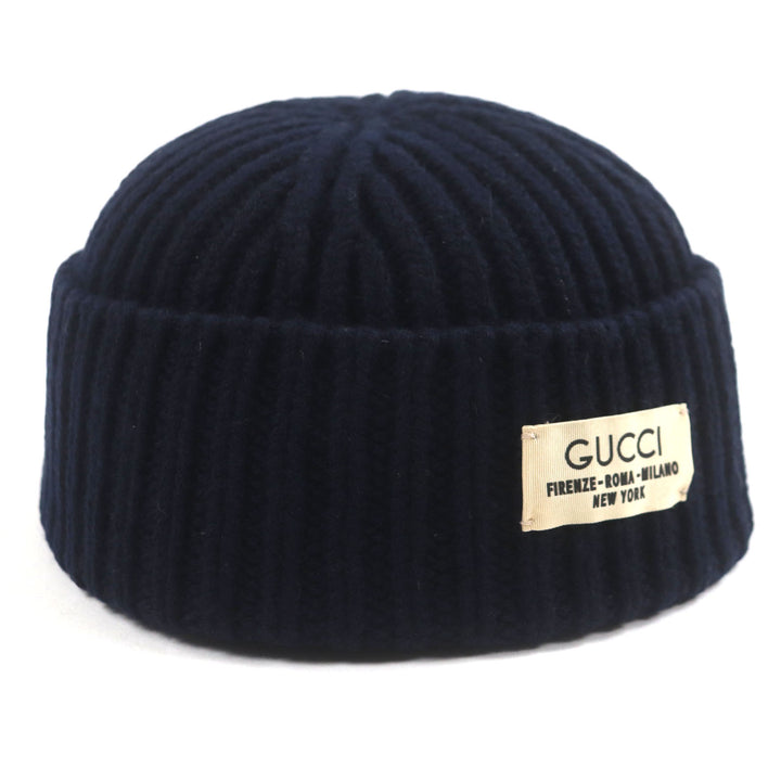 Great GUCCI Knit cap Hat with logo patch Navy wool mens M 759059
