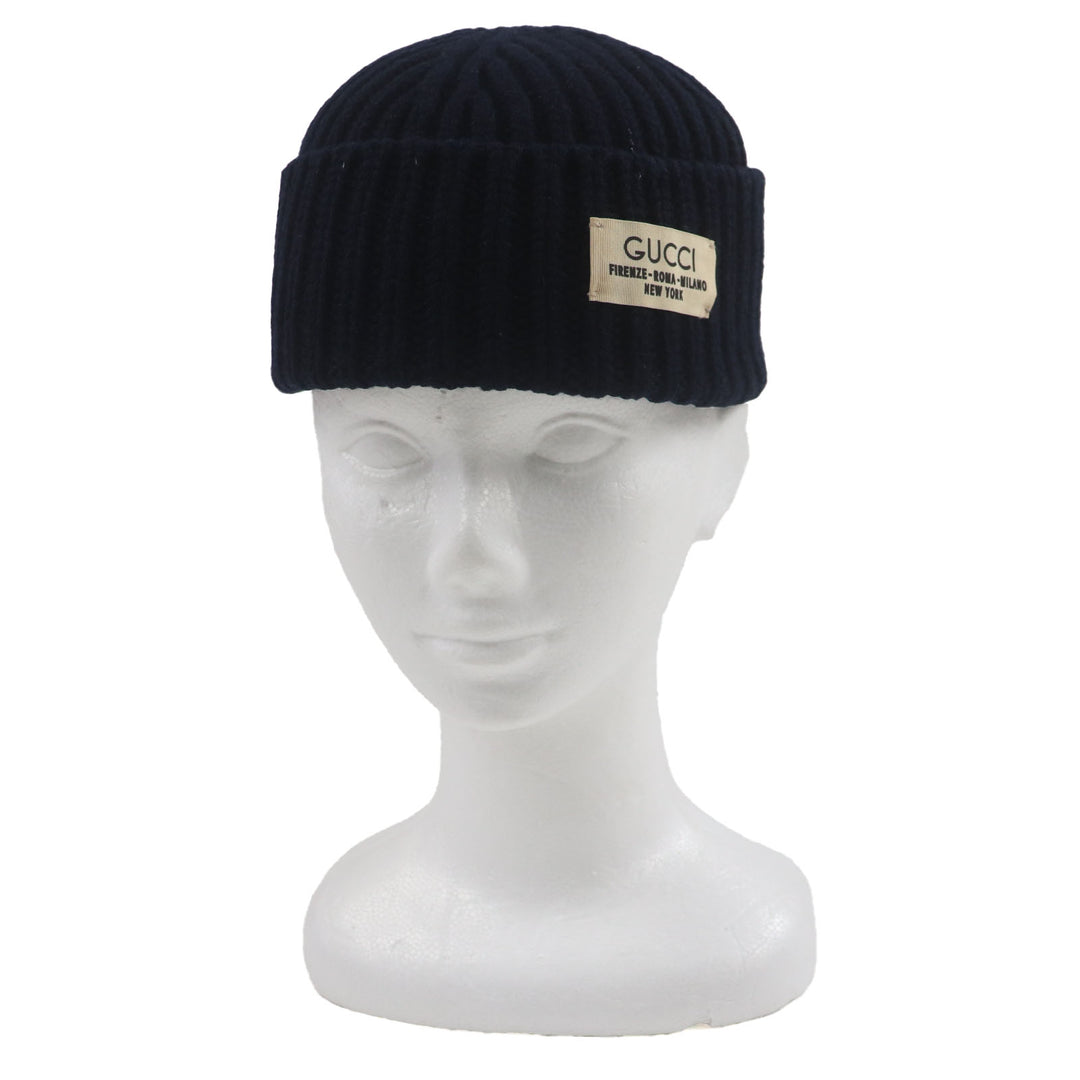Great GUCCI Knit cap Hat with logo patch Navy wool mens M 759059
