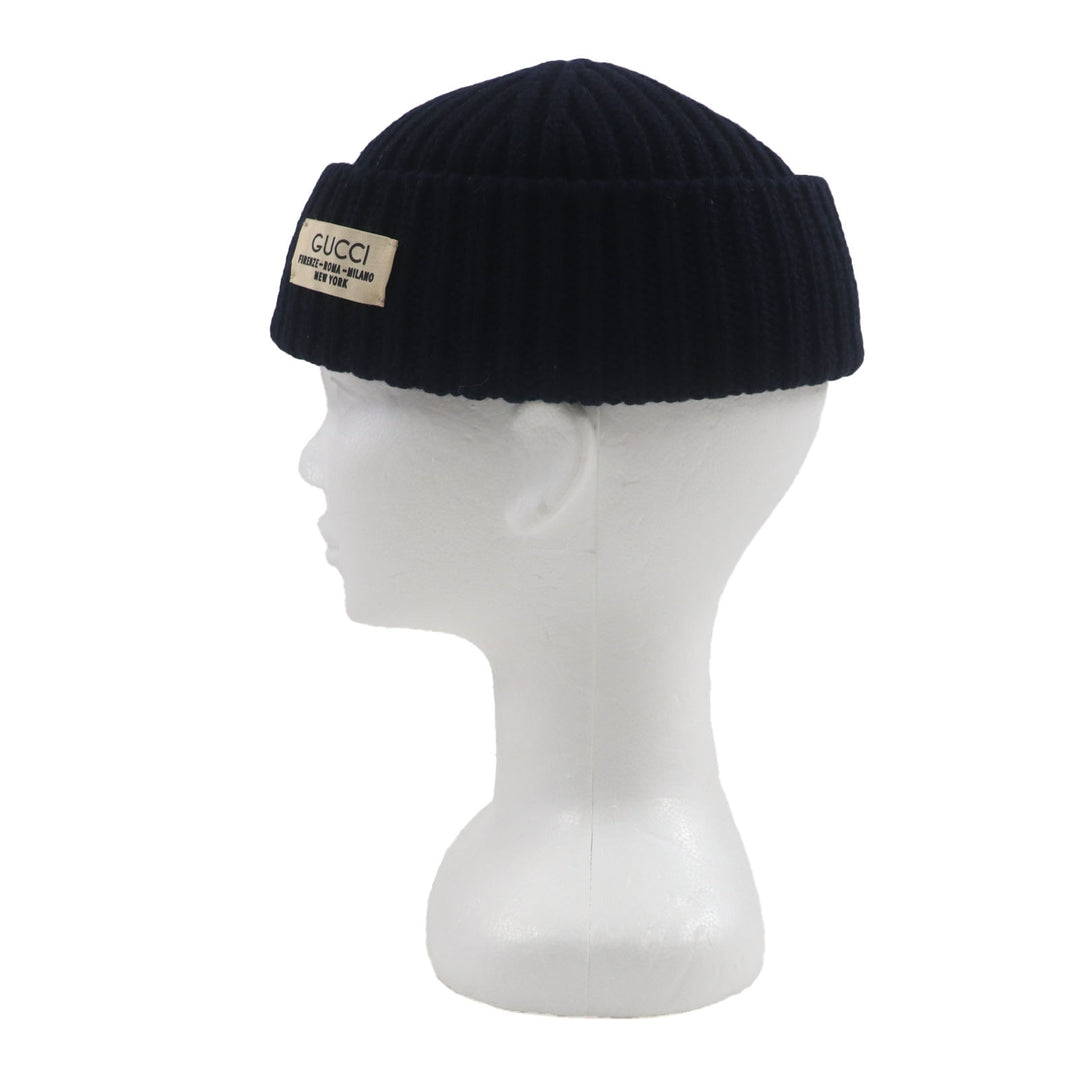 Great GUCCI Knit cap Hat with logo patch Navy wool mens M 759059