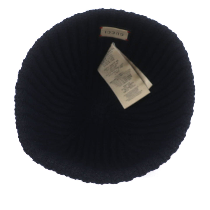 Great GUCCI Knit cap Hat with logo patch Navy wool mens M 759059