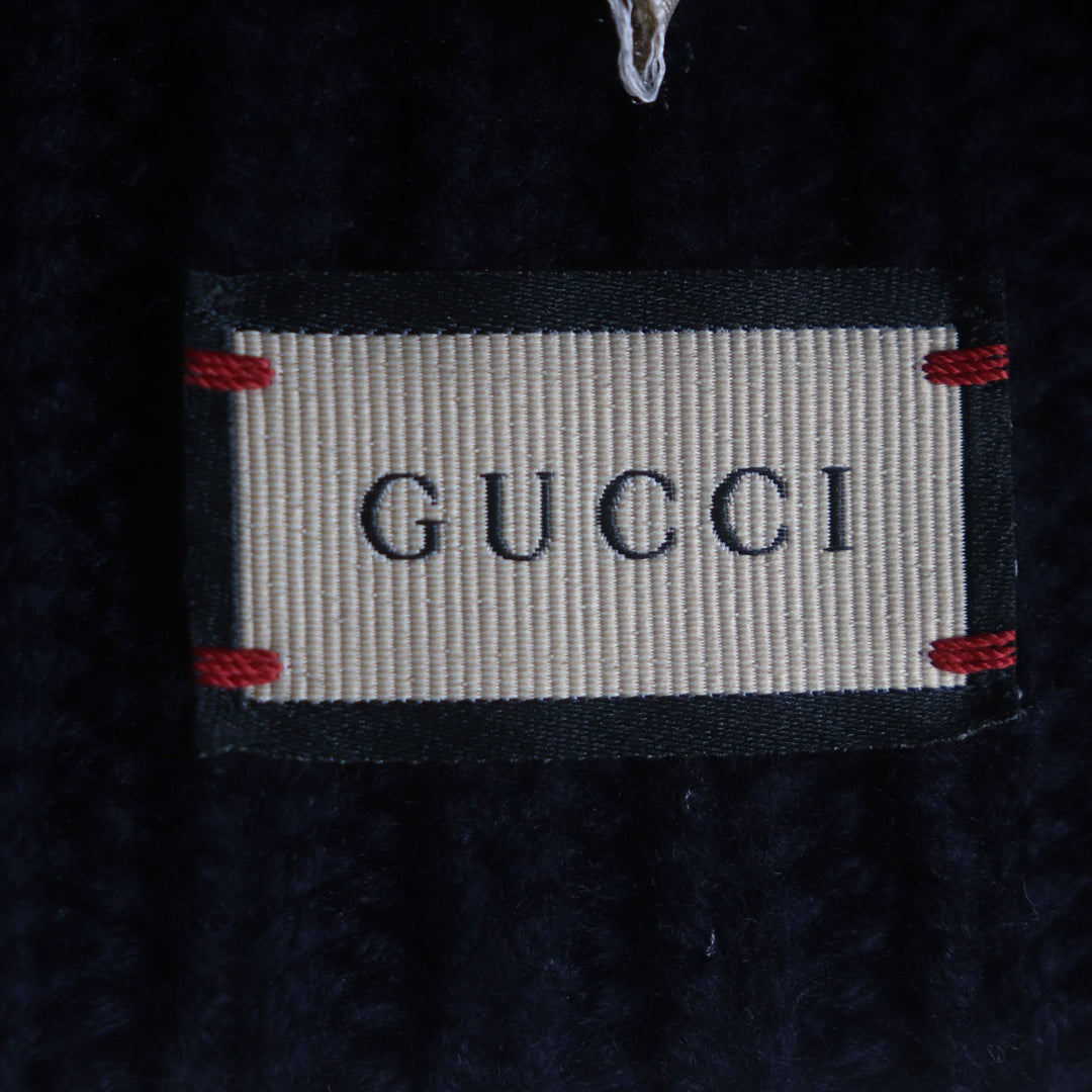 素晴らしい GUCCI ニットキャップ 帽子 ロゴパッチ付き ネイビー ウール メンズ M 759059