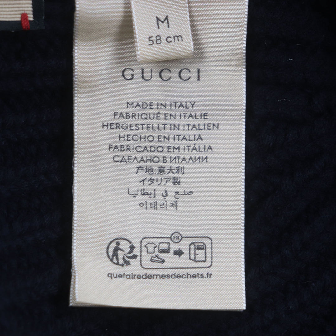 Great GUCCI Knit cap Hat with logo patch Navy wool mens M 759059