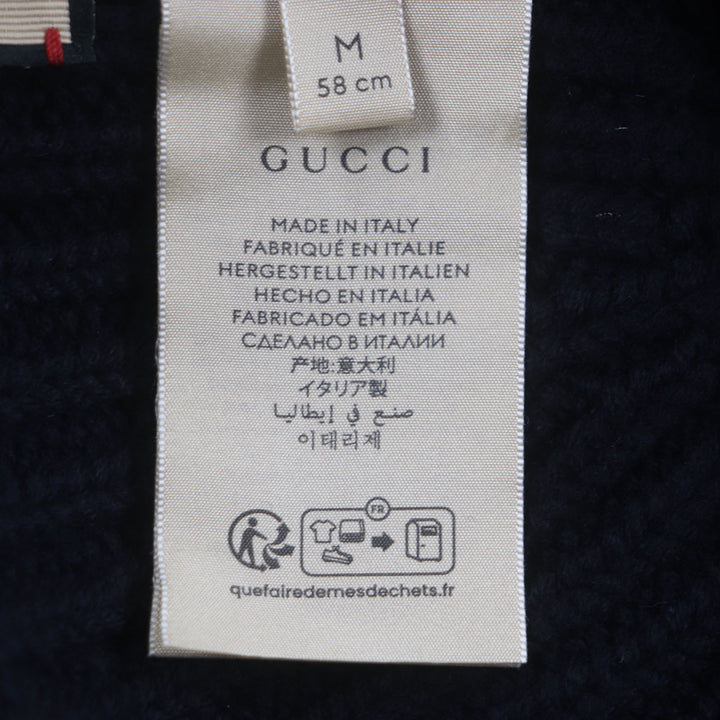 Great GUCCI Knit cap Hat with logo patch Navy wool mens M 759059