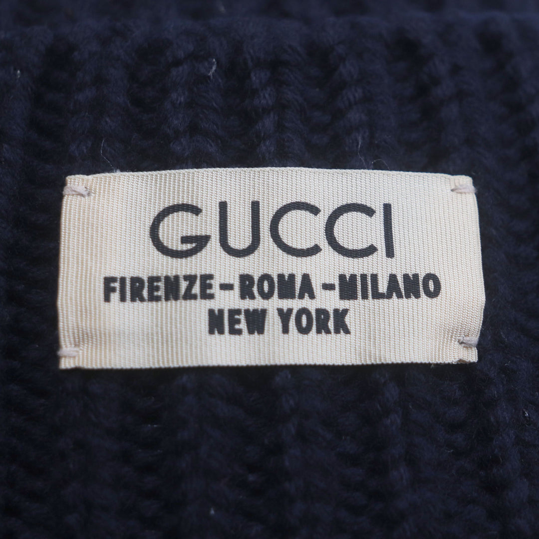 Great GUCCI Knit cap Hat with logo patch Navy wool mens M 759059