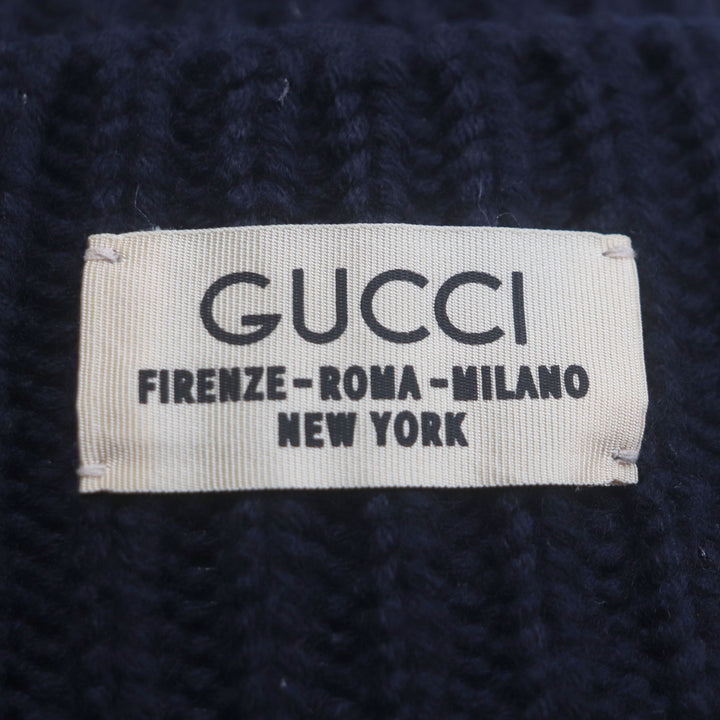 Great GUCCI Knit cap Hat with logo patch Navy wool mens M 759059