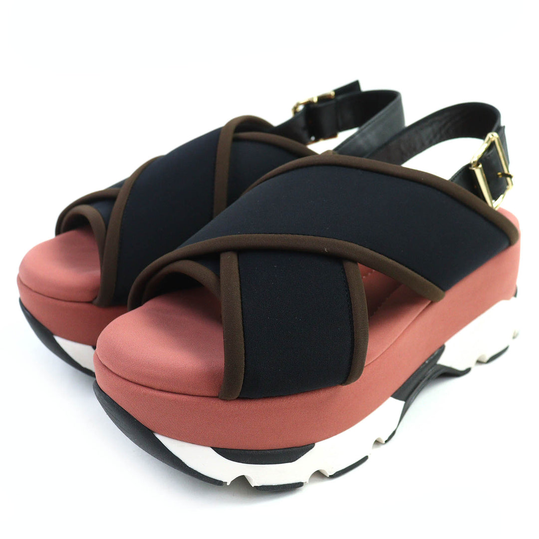 素晴らしい MARNI サンダル レザー クロスストラップ プラットフォームソール ブラック ピンク l37 SAMA002708