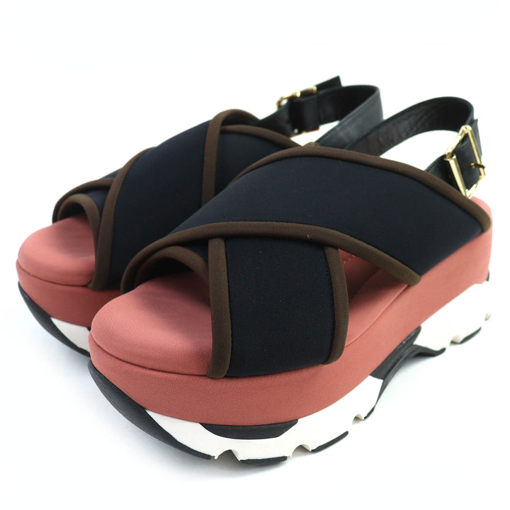 素晴らしい MARNI サンダル レザー クロスストラップ プラットフォームソール ブラック ピンク l37 SAMA002708
