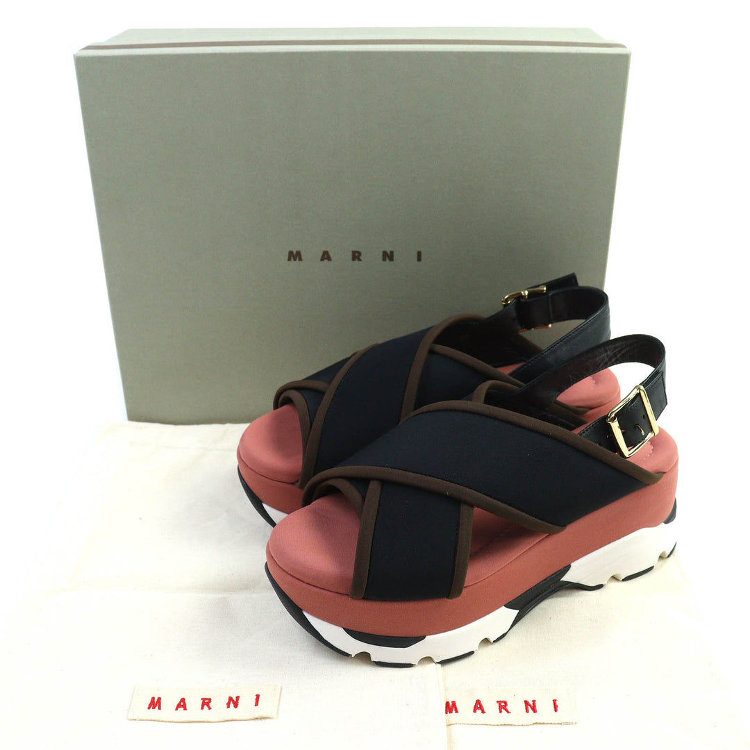 Excellent MARNI Sandals Leather cross strap platform sole Black pink l37
