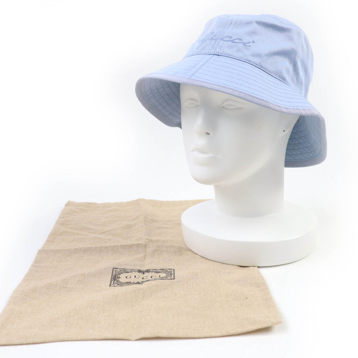 Pristine GUCCI hat Embroidered logo bucket hat Light blue cotton Women S 782733