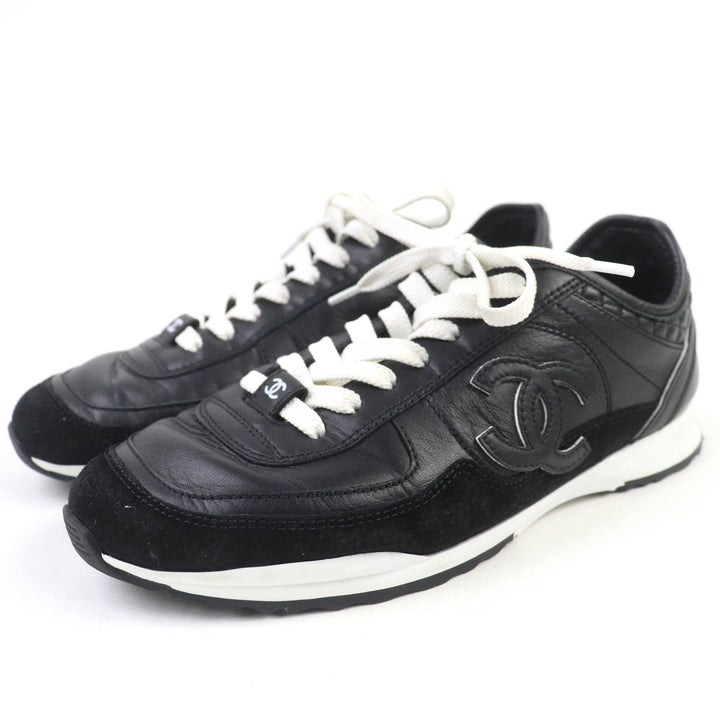 Very Good CHANEL Low cut sneakers COCO Mark Lace-up Leather black leather Women 35 G46372