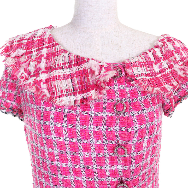 Pristine CHANEL one piece COCO Button Metallic Trim Tweed pink 34 P49180