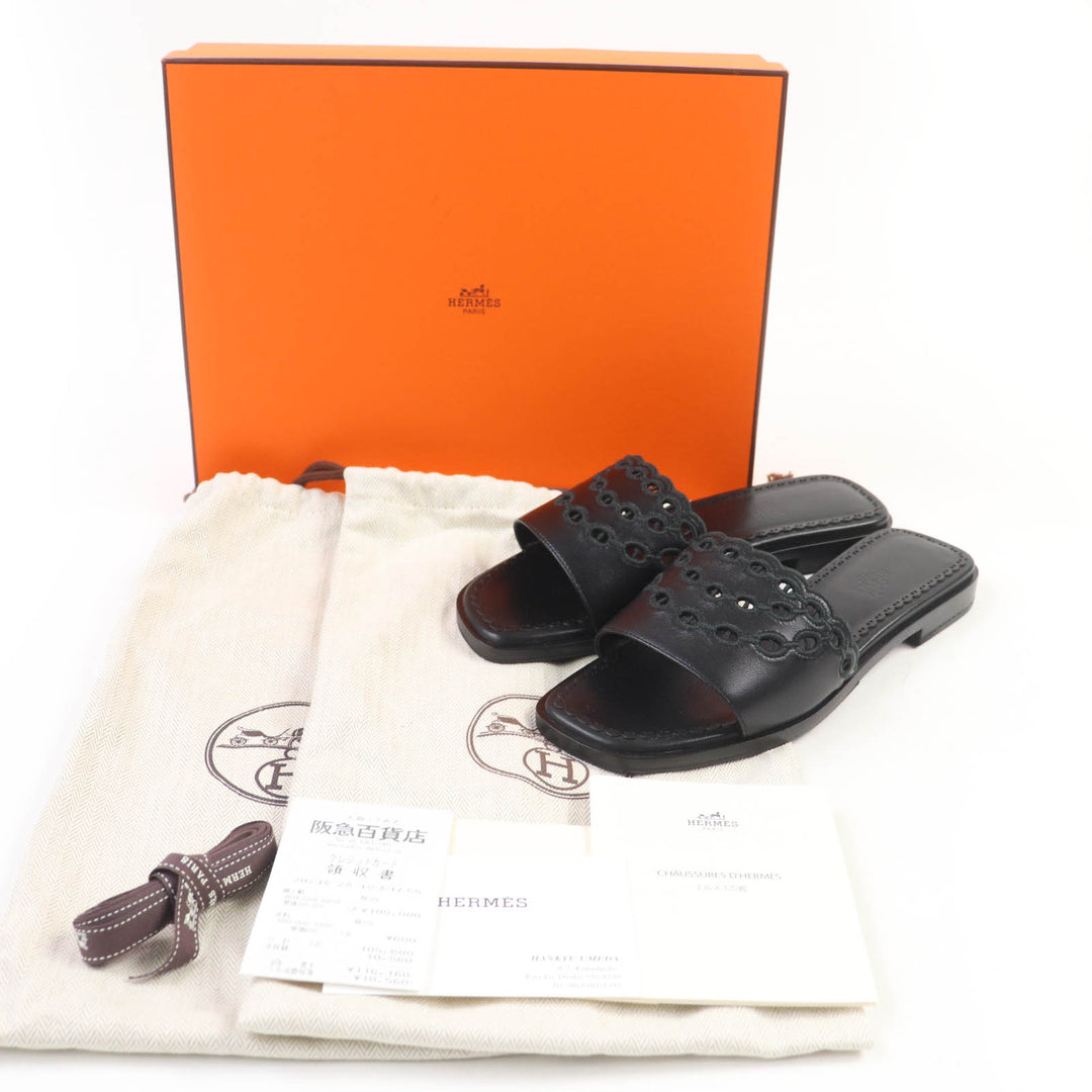 Pristine HERMES Sandals Frog Chaine d'Ancre leather black leather Women 36.5