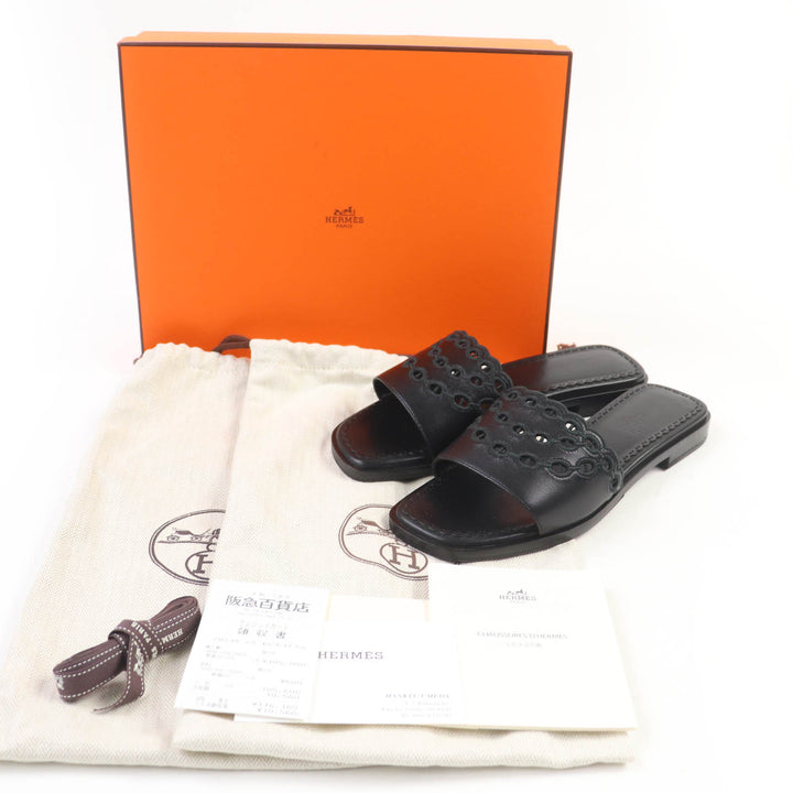 Pristine HERMES Sandals Frog Chaine d'Ancre leather black leather Women 36.5