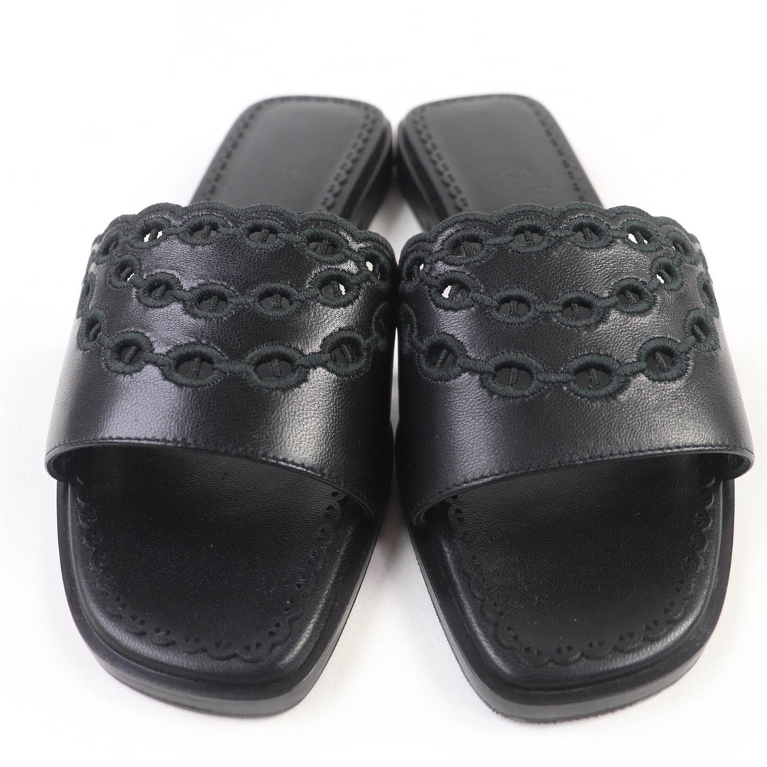 新品 HERMES サンダル フロッグ シェーヌダンクル レザー ブラック レザー レディース 36.5