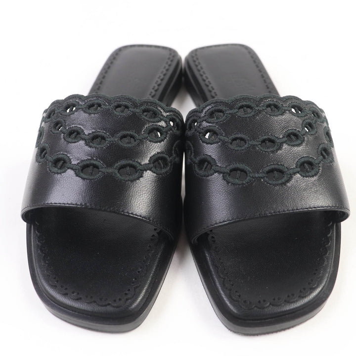 新品 HERMES サンダル フロッグ シェーヌダンクル レザー ブラック レザー レディース 36.5