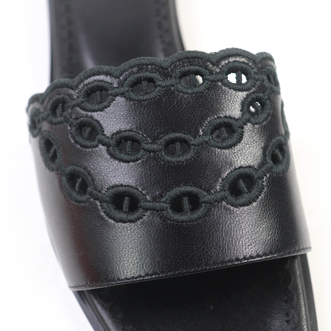 新品 HERMES サンダル フロッグ シェーヌダンクル レザー ブラック レザー レディース 36.5