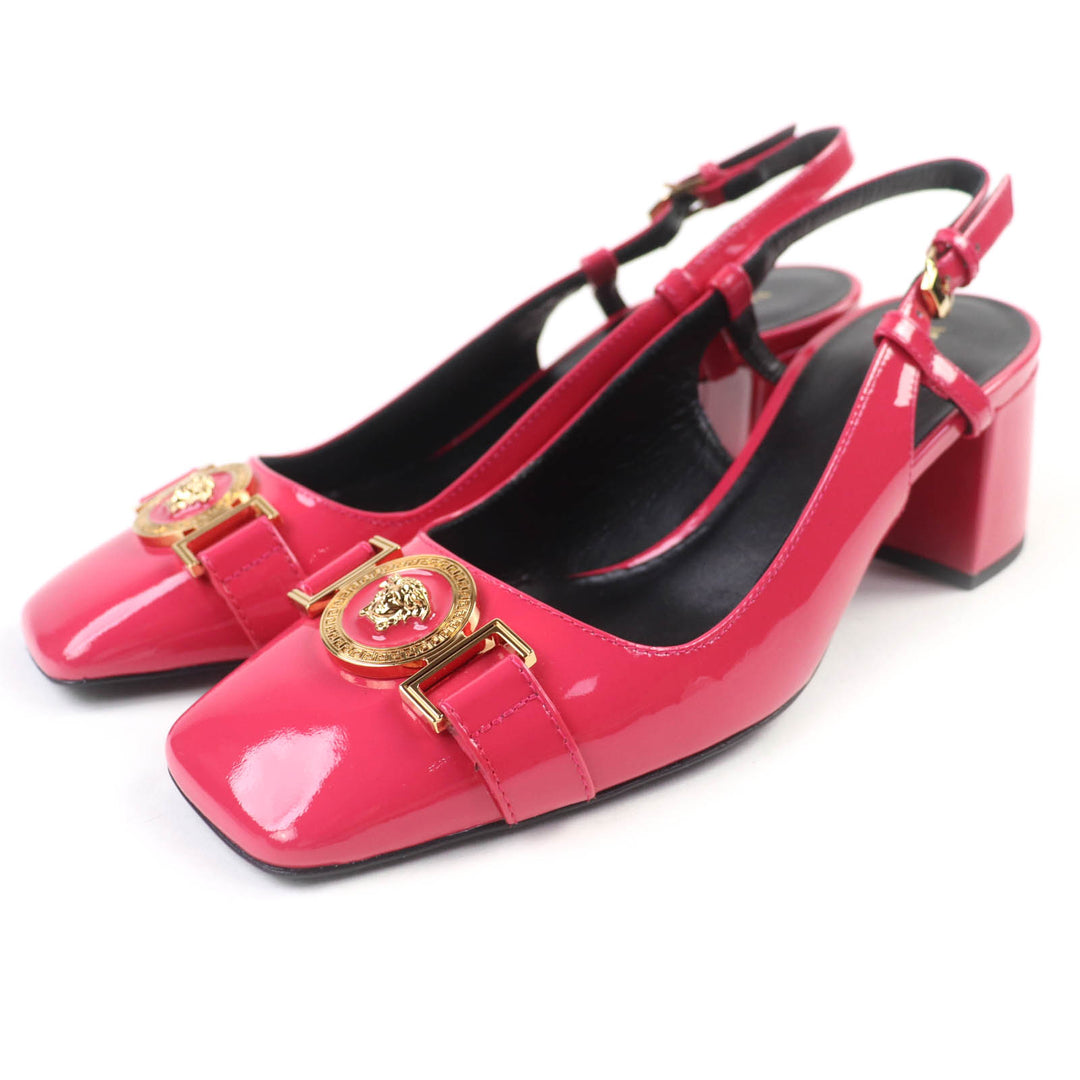 Pristine VERSACE pumps Medusa square toe chunky heel patent leather pink 36