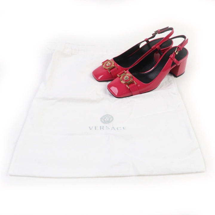 Pristine VERSACE pumps Medusa square toe chunky heel patent leather pink 36