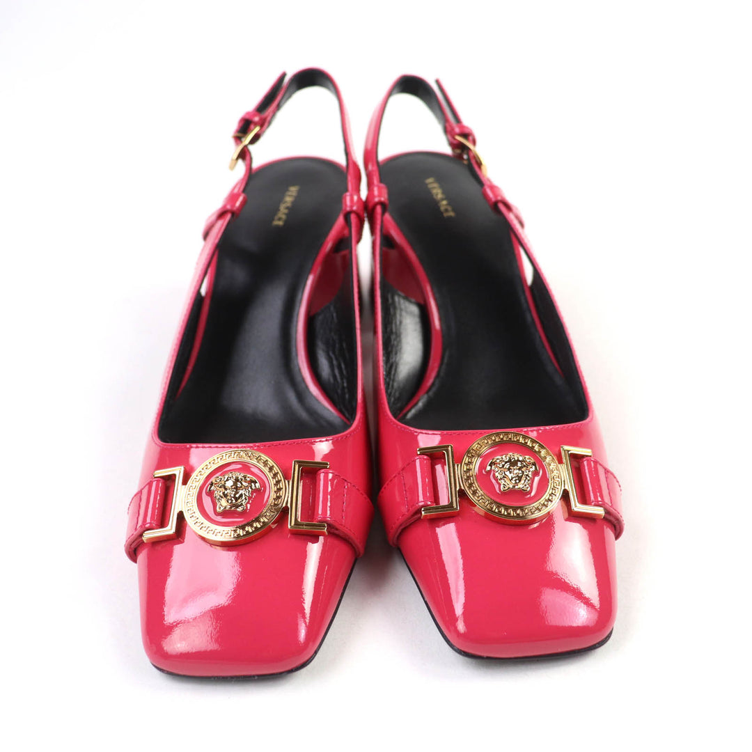 Pristine VERSACE pumps Medusa square toe chunky heel patent leather pink 36