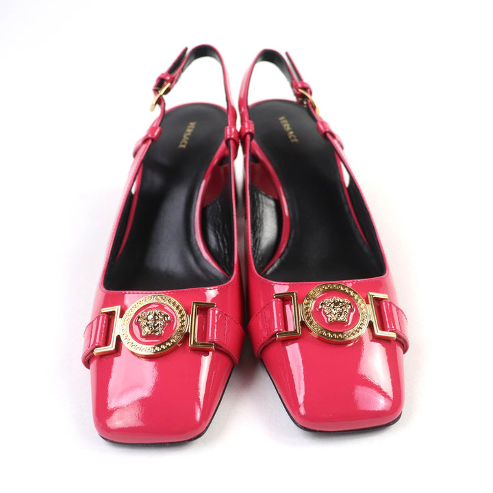 Pristine VERSACE pumps Medusa square toe chunky heel patent leather pink 36