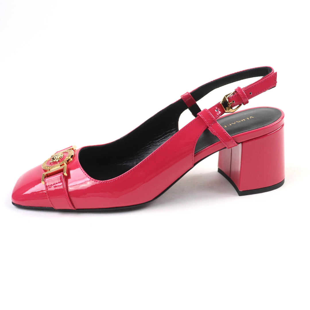 Pristine VERSACE pumps Medusa square toe chunky heel patent leather pink 36