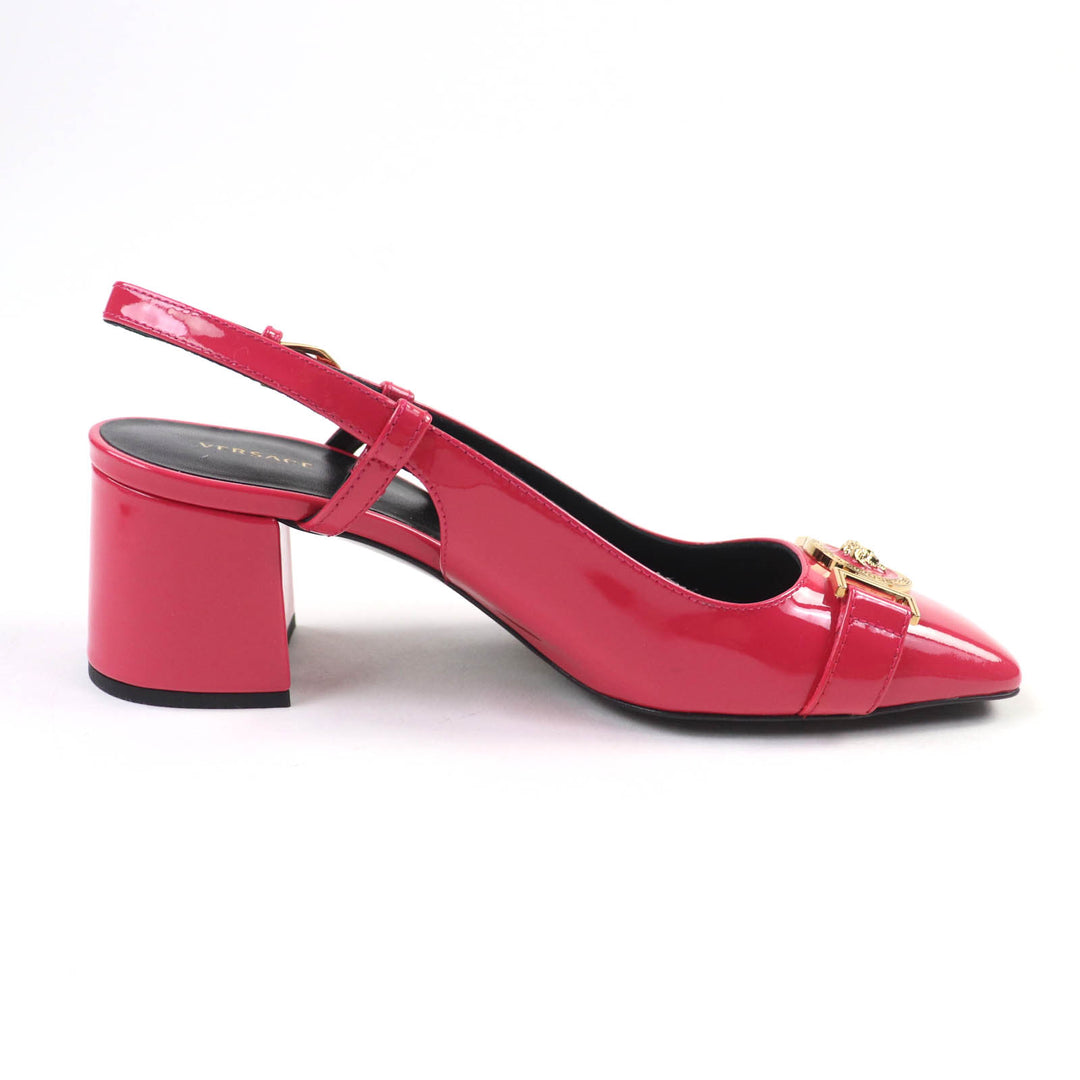 Pristine VERSACE pumps Medusa square toe chunky heel patent leather pink 36