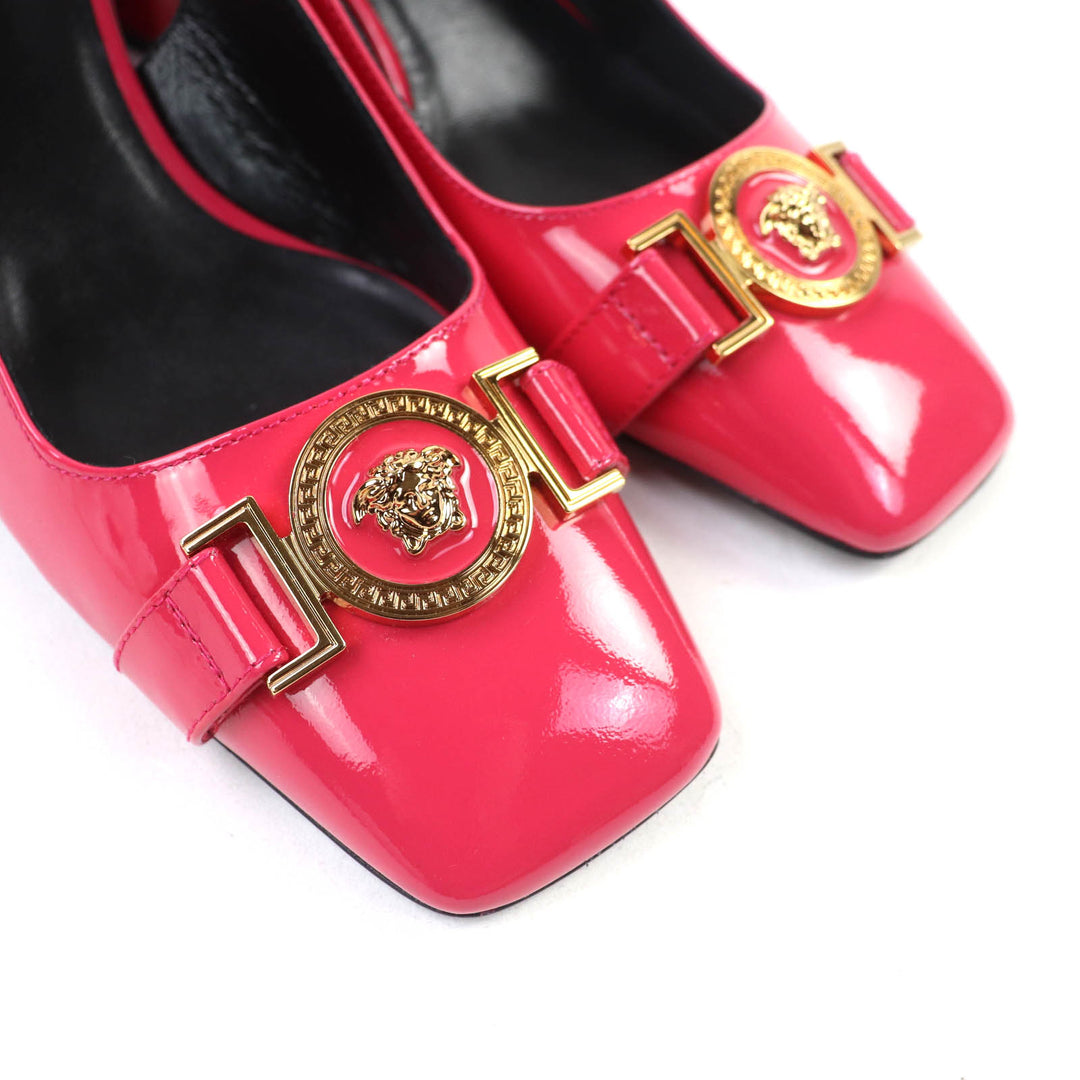 Pristine VERSACE pumps Medusa square toe chunky heel patent leather pink 36
