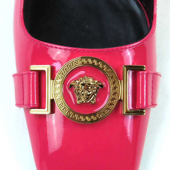 Pristine VERSACE pumps Medusa square toe chunky heel patent leather pink 36