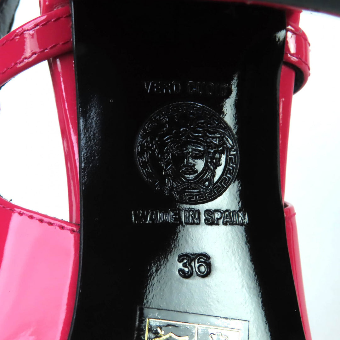 Pristine VERSACE pumps Medusa square toe chunky heel patent leather pink 36