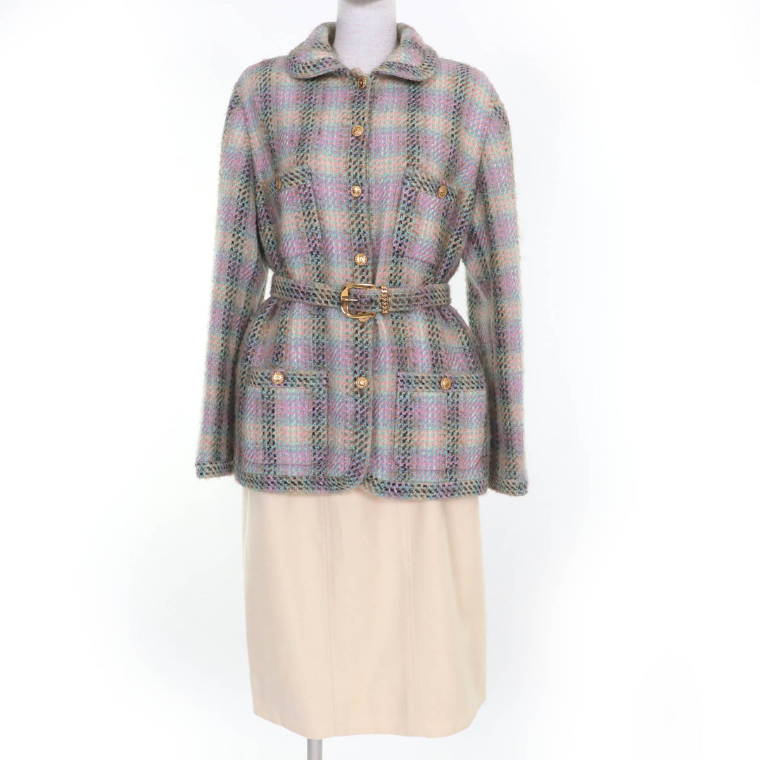 Great CHANEL two-piece set 90s COCO Mark button belted tweed jacket and skirt 42