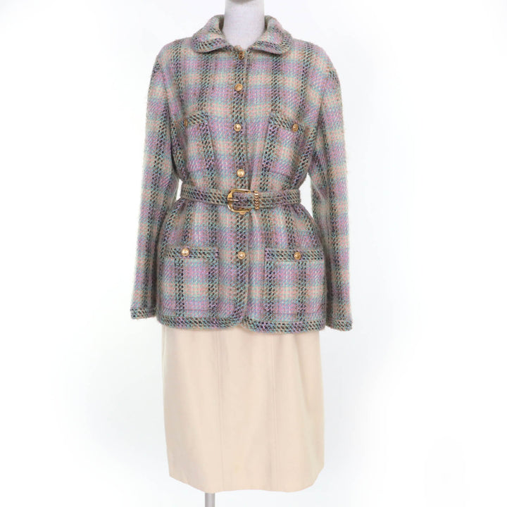 Great CHANEL two-piece set 90s COCO Mark button belted tweed jacket and skirt 42