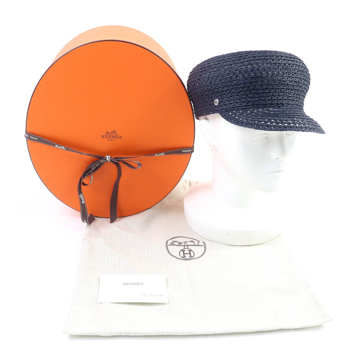 Excellent HERMES Casquette Garate Serie Metal Hat Navy Raffia Women