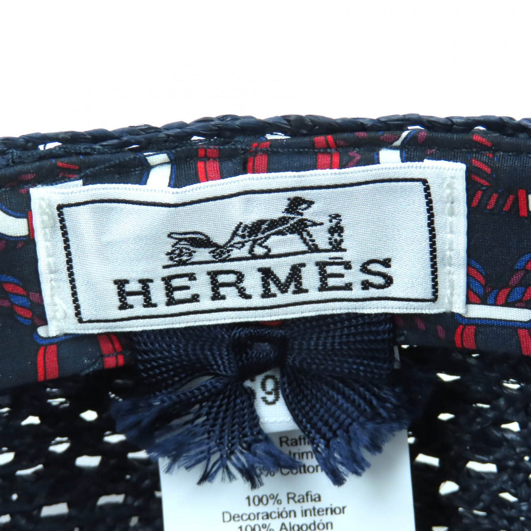 Excellent HERMES Casquette Garate Serie Metal Hat Navy Raffia Women
