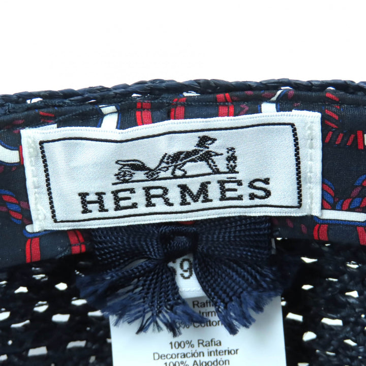 Excellent HERMES Casquette Garate Serie Metal Hat Navy Raffia Women