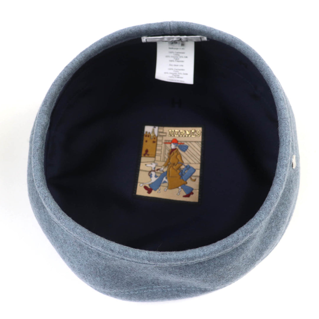 Excellent HERMES beret Saint Honor Serie Metal Lining HPattern Hat Blue gray 58