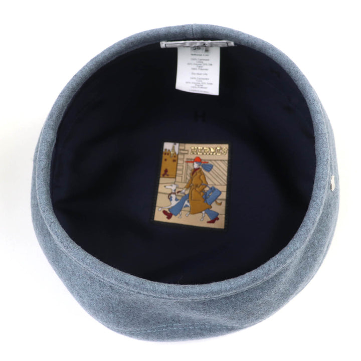 Excellent HERMES beret Saint Honor Serie Metal Lining HPattern Hat Blue gray 58