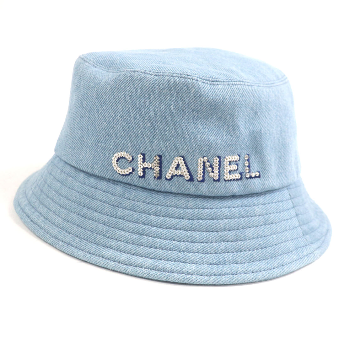 優れたCHANEL帽子スパンコールロゴデニムバケットハットアイスブルーコットンレディースM