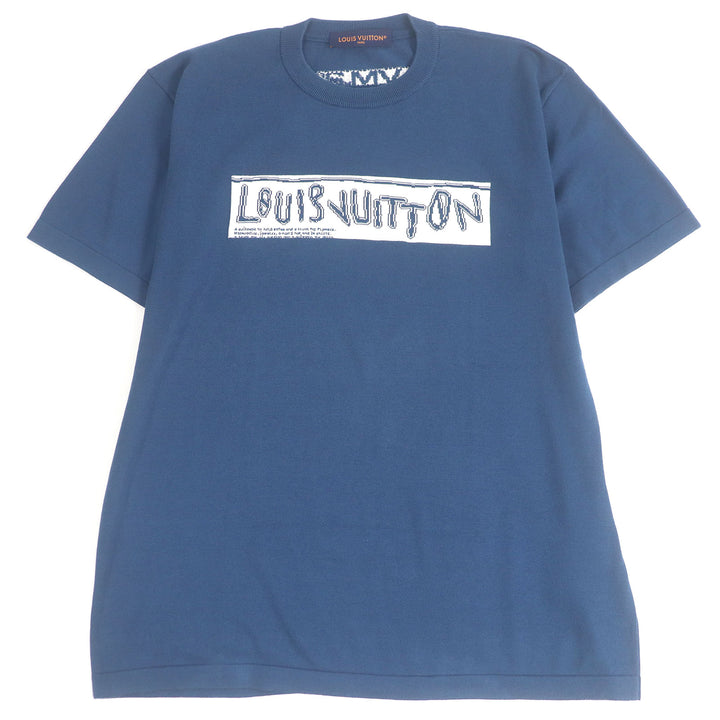 素晴らしい LOUIS VUITTON 半袖ニット フロントロゴ 半袖 ブルー コットン メンズ XL