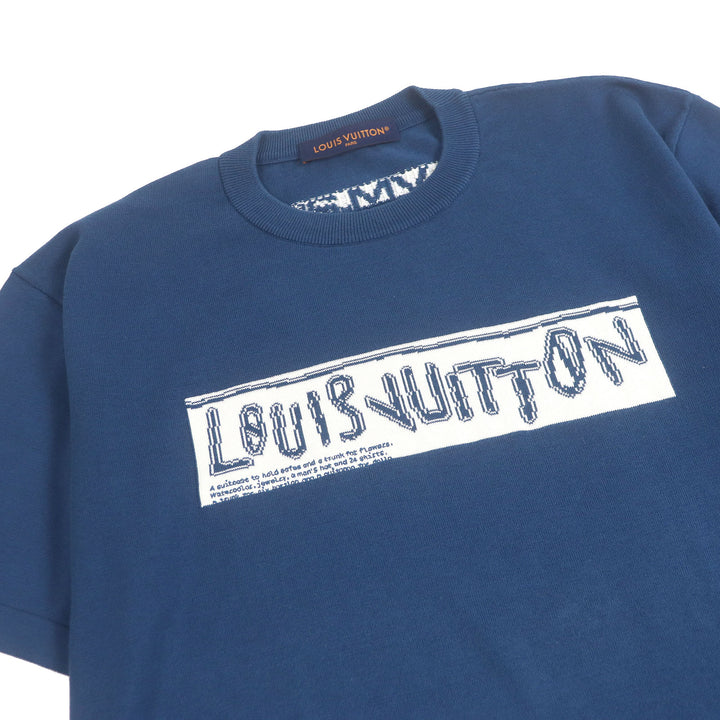 素晴らしい LOUIS VUITTON 半袖ニット フロントロゴ 半袖 ブルー コットン メンズ XL