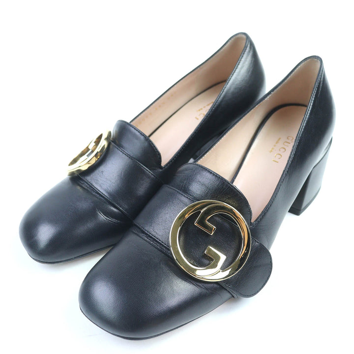 Great GUCCI pumps Interlocking G mid heel black leather Women 36.5 700053