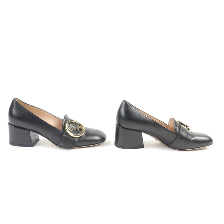 Great GUCCI pumps Interlocking G mid heel black leather Women 36.5 700053