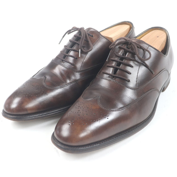 非常に良い HERMES JOHN LOBB ドレスシューズ ウィングチップ メダリオン レースアップ ブラウン レザー メンズ 40.5