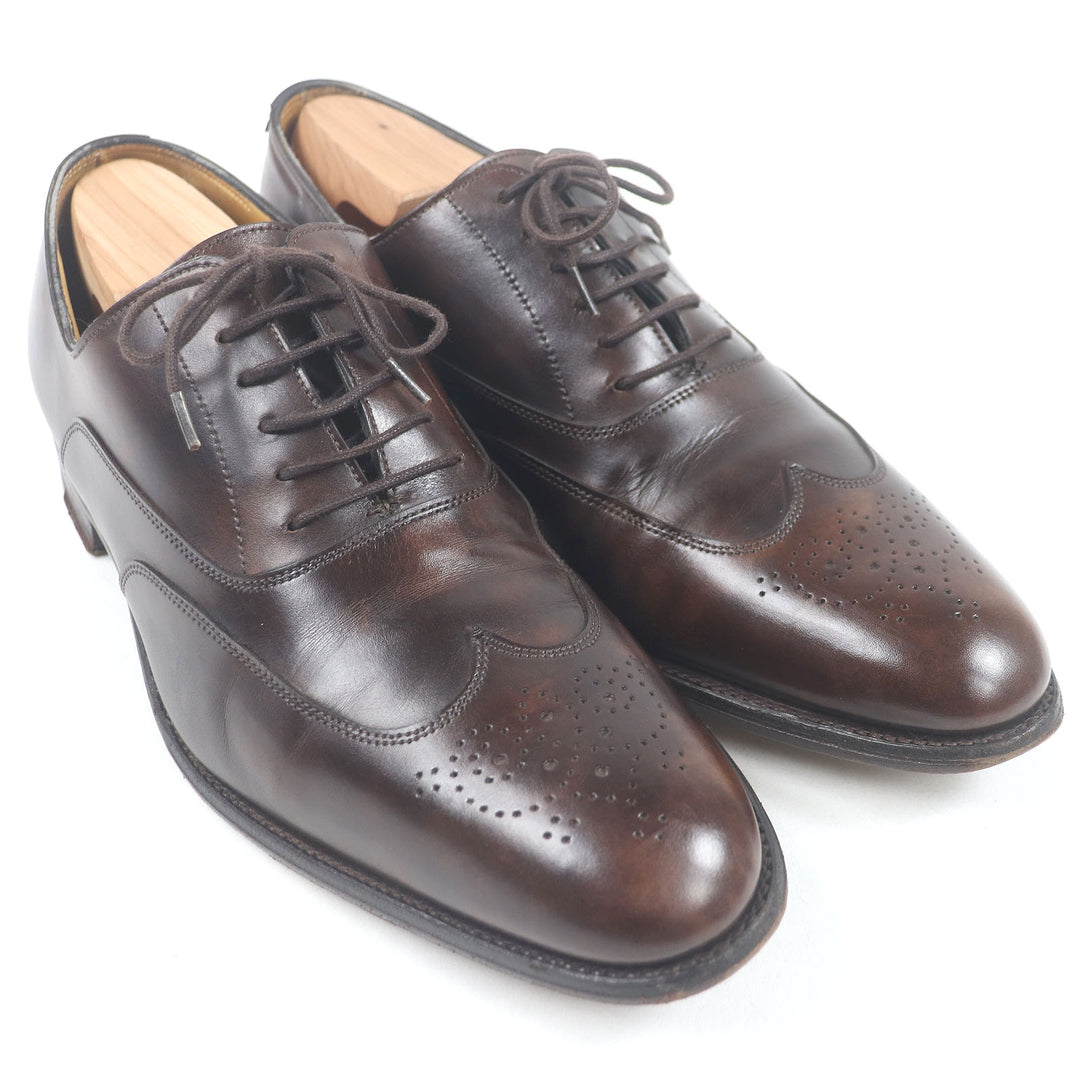 非常に良い HERMES JOHN LOBB ドレスシューズ ウィングチップ メダリオン レースアップ ブラウン レザー メンズ 40.5