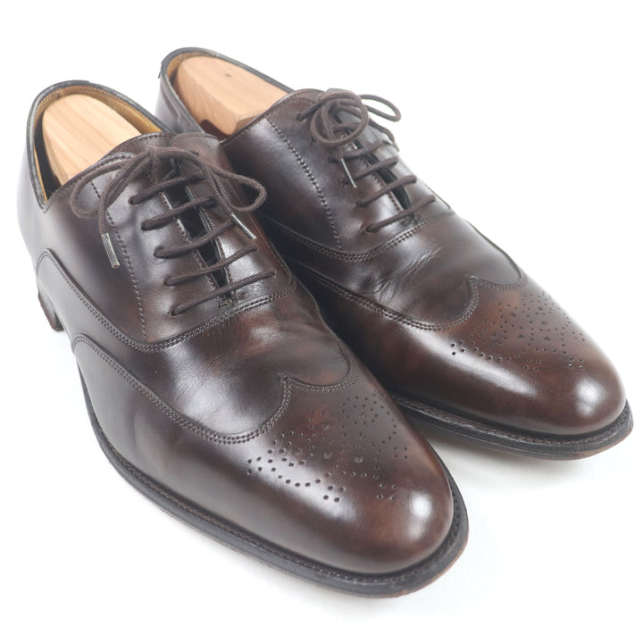 非常に良い HERMES JOHN LOBB ドレスシューズ ウィングチップ メダリオン レースアップ ブラウン レザー メンズ 40.5